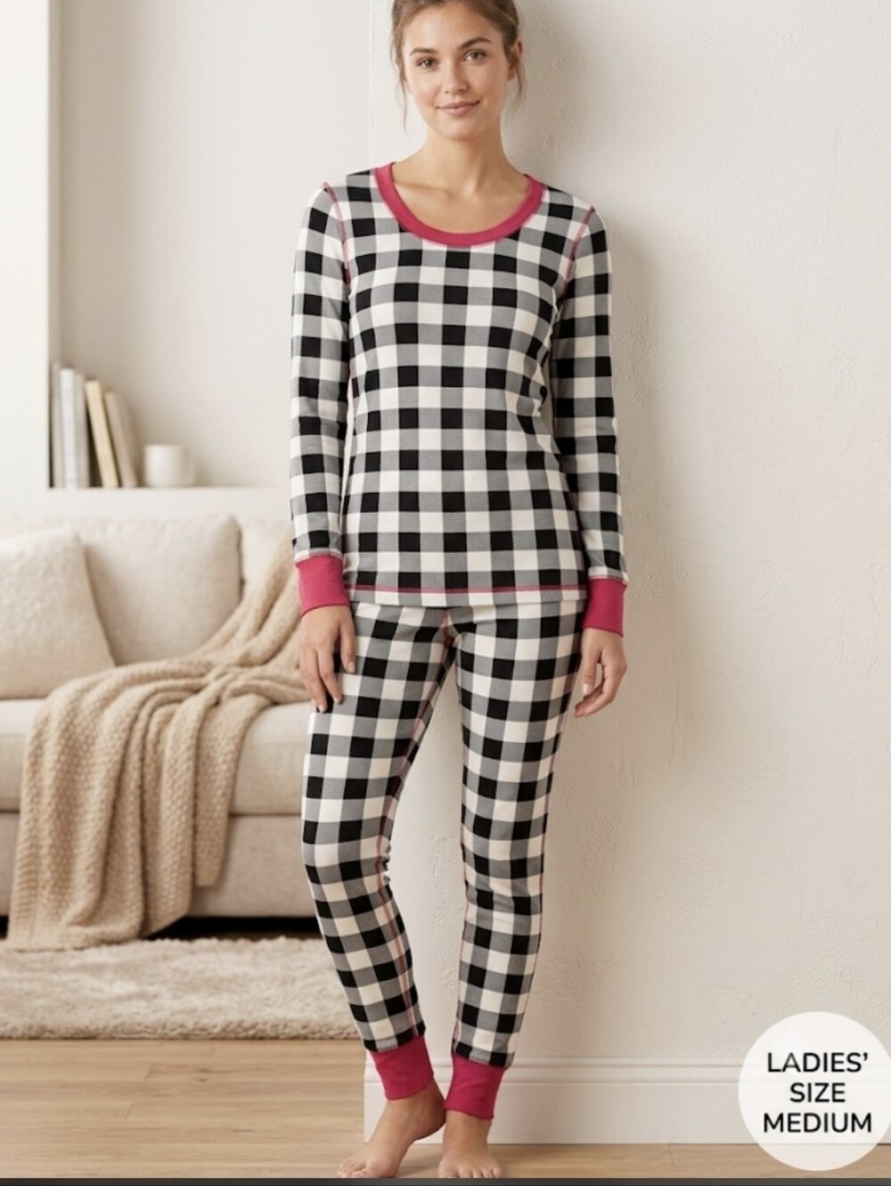 Hanna Andersson Black & White Buffalo Check Pajama Set with Red Trim Size M